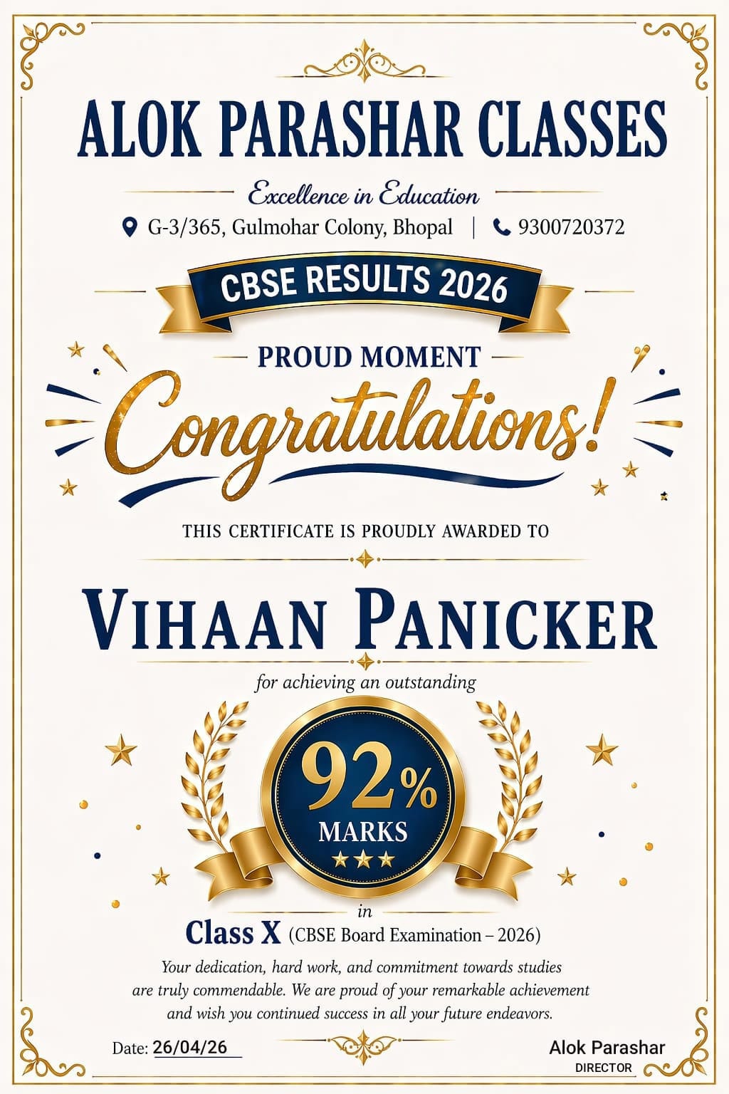 Vihaan Panicker Class X achiever 92 percent award at Alok Law Classes Bhopal