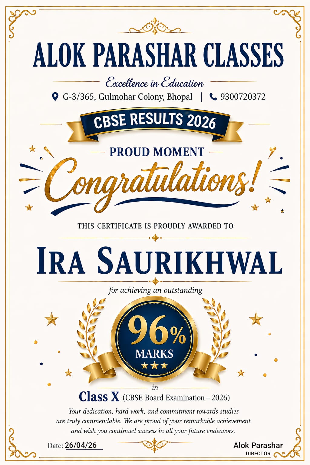 Ira Saurikhwal Class X achiever 96 percent shield award at Alok Law Classes Bhopal